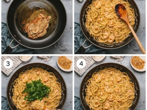 A close-up view of creamy shrimp alfredo fettuccine in a white bowl, garnished with parsley.