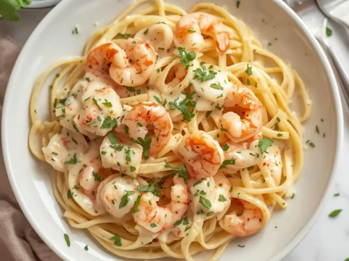 A close-up view of creamy shrimp alfredo fettuccine in a white bowl, garnished with parsley.