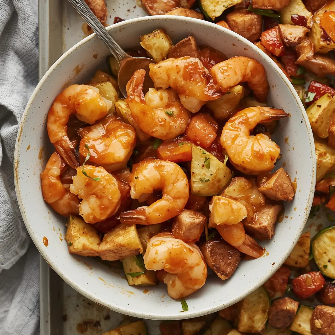 A colorful sheet pan dinner featuring shrimp coated in an apple cider glaze, alongside roasted vegetables.