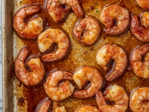 A colorful sheet pan dinner featuring shrimp coated in an apple cider glaze, alongside roasted vegetables.