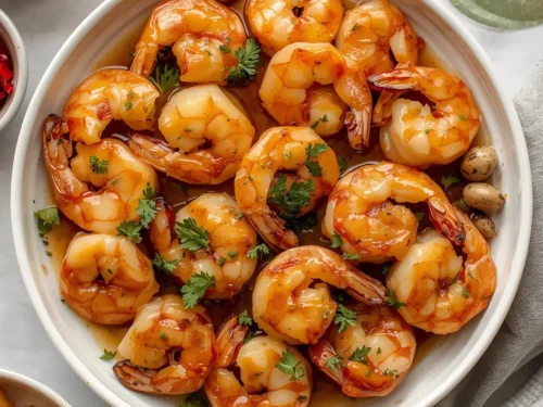 A colorful sheet pan dinner featuring shrimp coated in an apple cider glaze, alongside roasted vegetables.