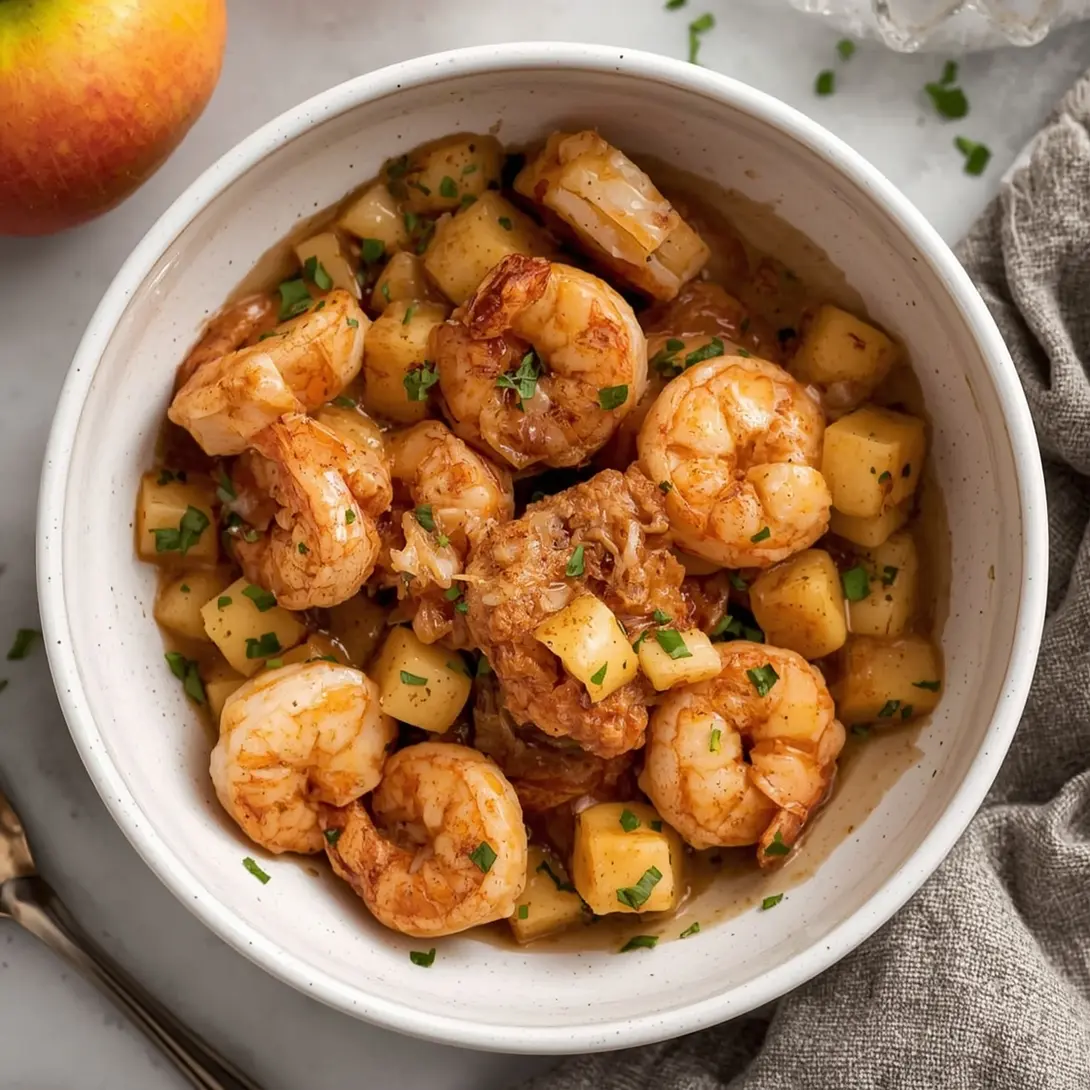 A colorful sheet pan dinner featuring shrimp coated in an apple cider glaze, alongside roasted vegetables.