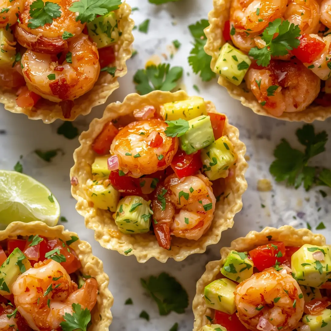 Close-up of shrimp & avocado salsa cups, bursting with fresh ingredients