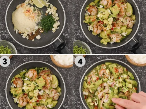 Close-up of shrimp & avocado salsa cups, bursting with fresh ingredients