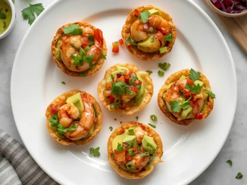 Close-up of shrimp & avocado salsa cups, bursting with fresh ingredients