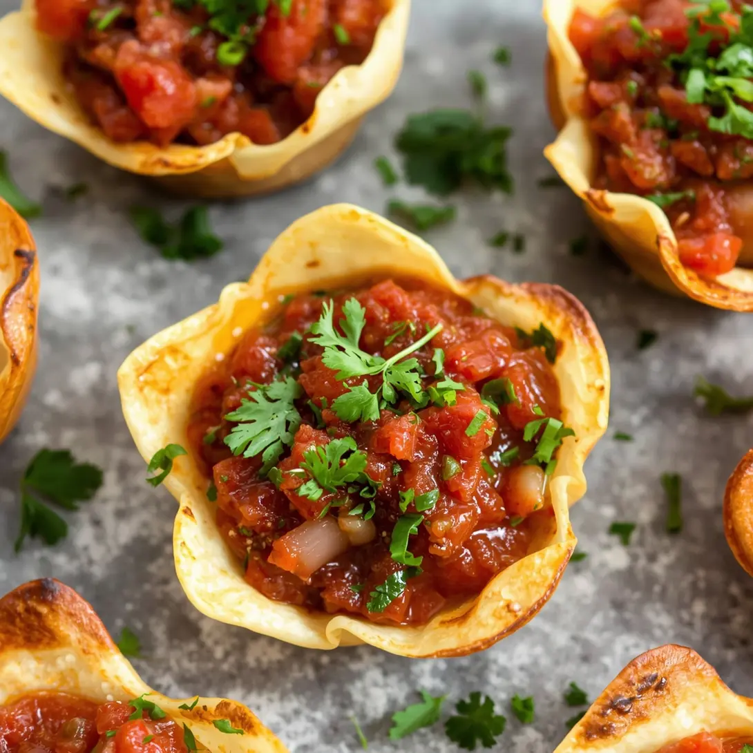 Close-up of shrimp & avocado salsa cups, bursting with fresh ingredients