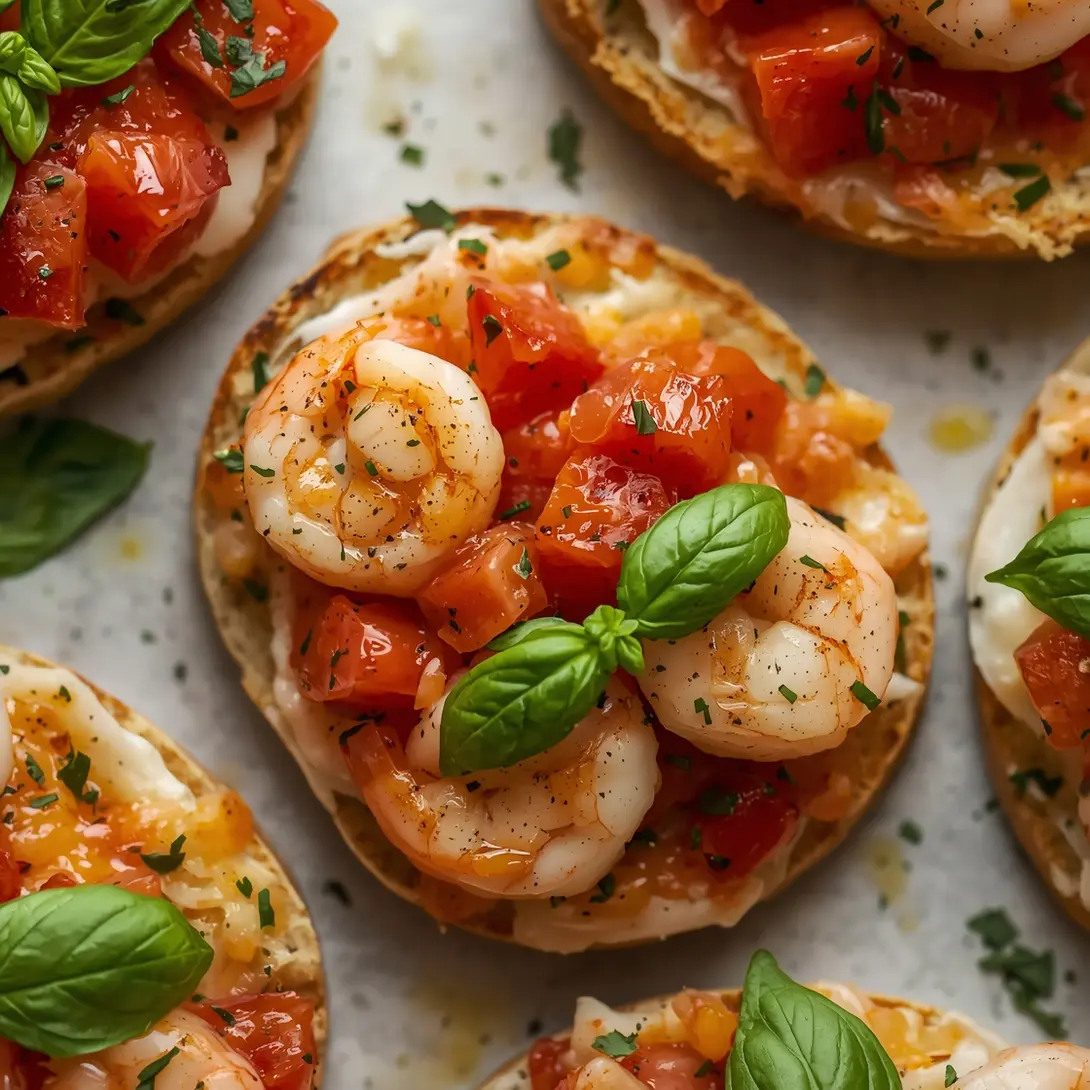 Close-up of shrimp bruschetta topped with diced tomatoes and fresh basil leaves