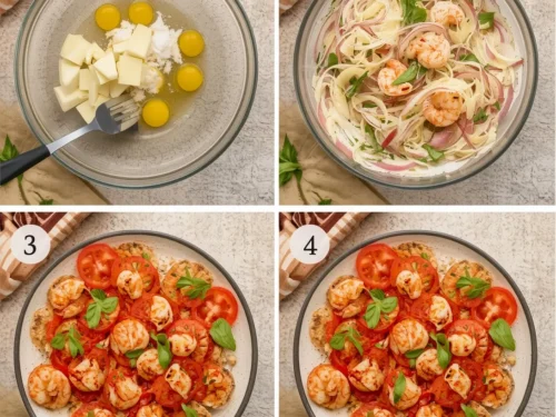 Close-up of shrimp bruschetta topped with diced tomatoes and fresh basil leaves
