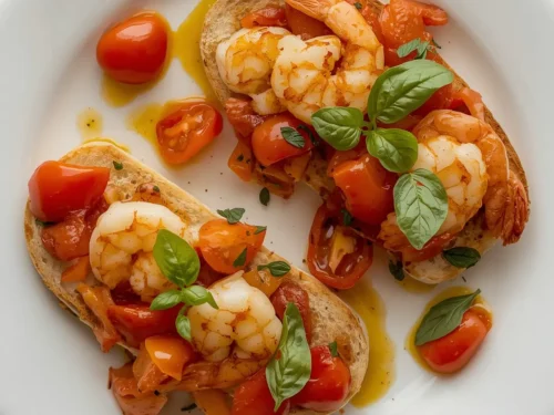 Close-up of shrimp bruschetta topped with diced tomatoes and fresh basil leaves