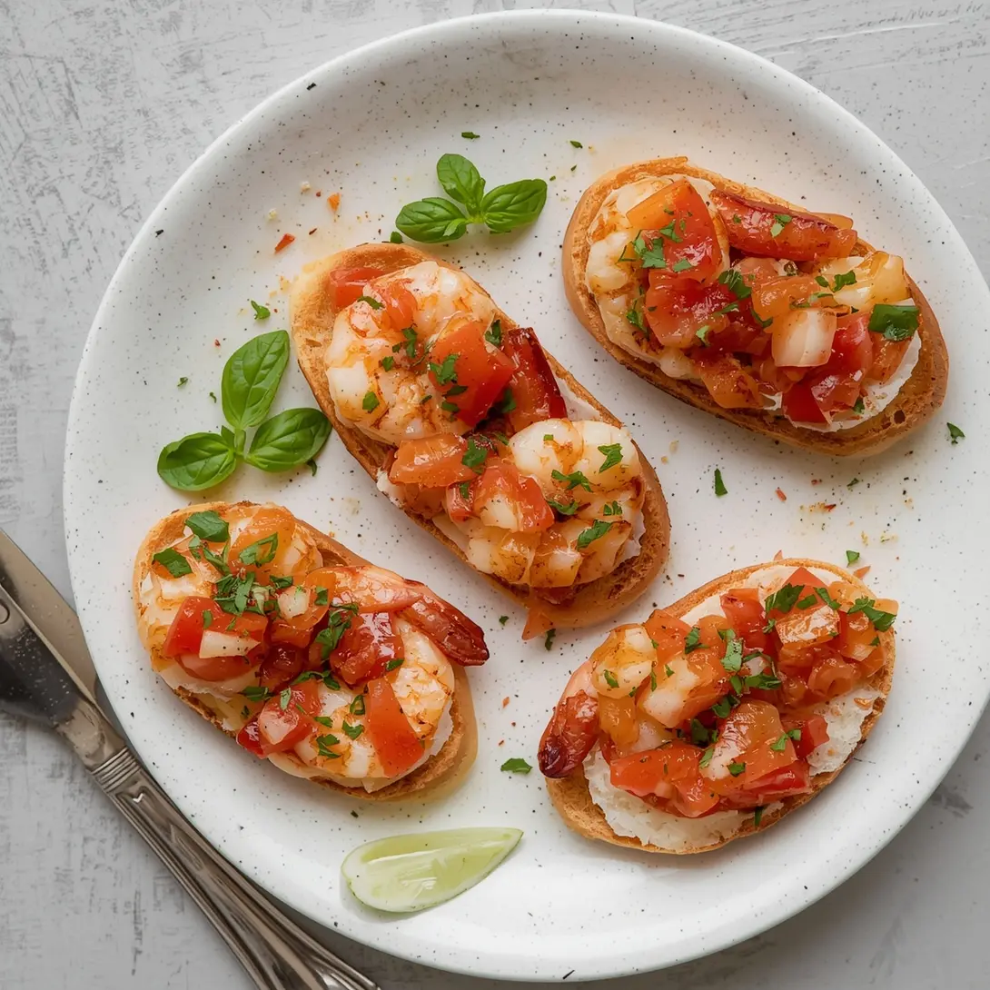 Close-up of shrimp bruschetta topped with diced tomatoes and fresh basil leaves