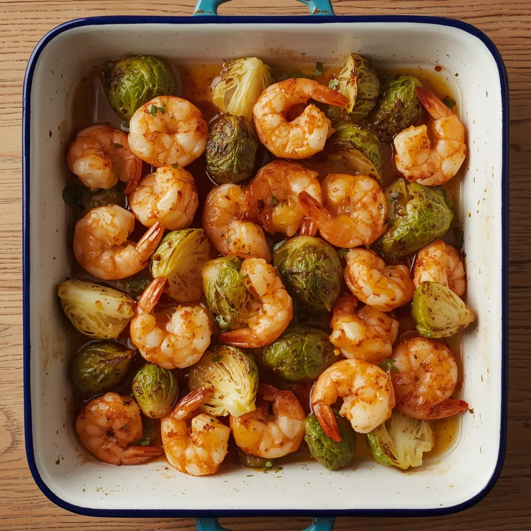 A baking dish filled with juicy shrimp and roasted Brussels sprouts, ready to serve.