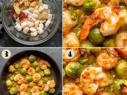 A baking dish filled with juicy shrimp and roasted Brussels sprouts, ready to serve.