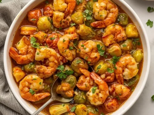 A baking dish filled with juicy shrimp and roasted Brussels sprouts, ready to serve.