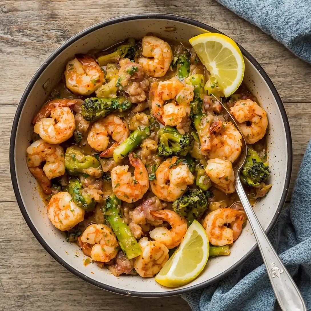 A baking dish filled with juicy shrimp and roasted Brussels sprouts, ready to serve.
