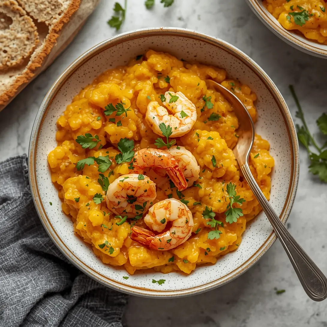 A bowl of shrimp and butternut squash risotto garnished with fresh herbs.