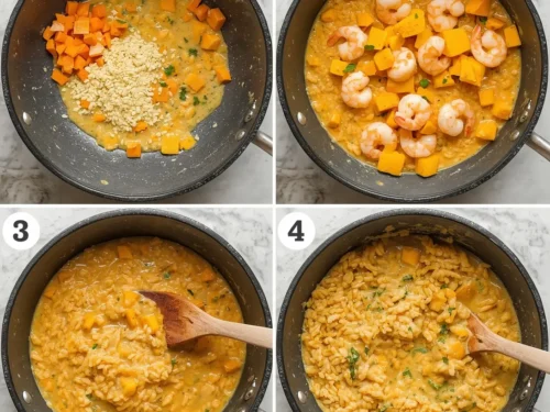 A bowl of shrimp and butternut squash risotto garnished with fresh herbs.