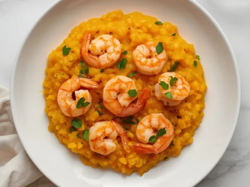 A bowl of shrimp and butternut squash risotto garnished with fresh herbs.