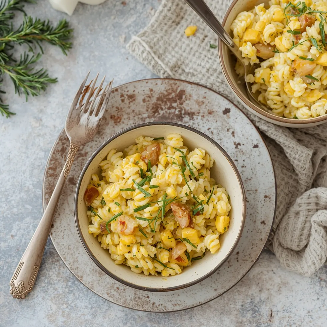 A bowl of shrimp and butternut squash risotto garnished with fresh herbs.