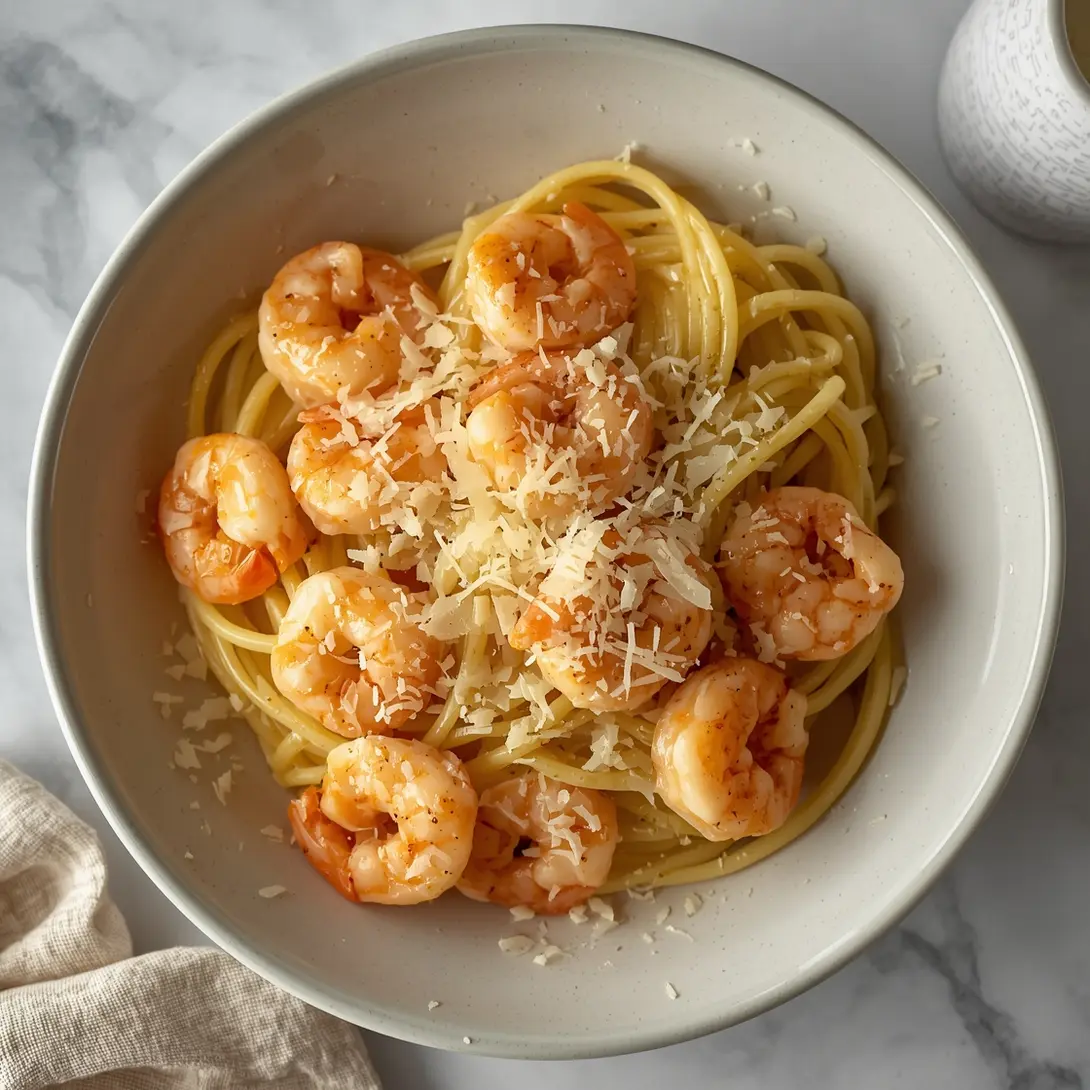 A delectable dish of shrimp carbonara with grated Parmesan cheese on top