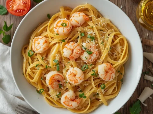 A delectable dish of shrimp carbonara with grated Parmesan cheese on top