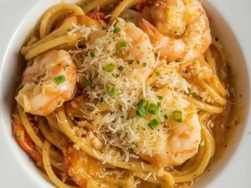 A delectable dish of shrimp carbonara with grated Parmesan cheese on top