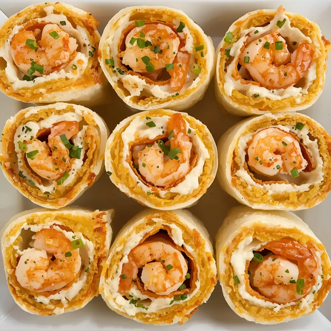 Close-up of shrimp and cream cheese pinwheels arranged on a white serving plate.