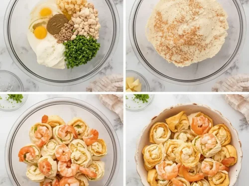 Close-up of shrimp and cream cheese pinwheels arranged on a white serving plate.