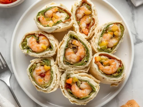 Close-up of shrimp and cream cheese pinwheels arranged on a white serving plate.