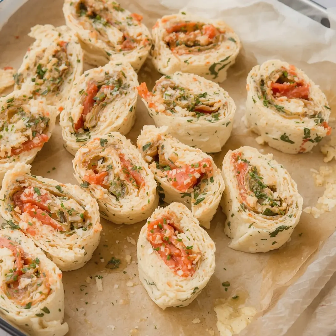 Close-up of shrimp and cream cheese pinwheels arranged on a white serving plate.