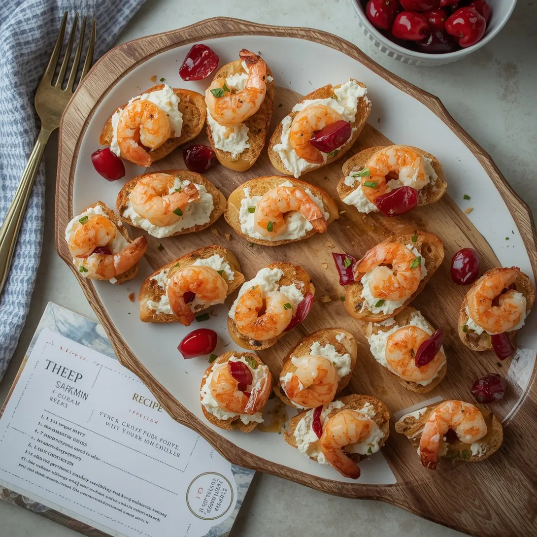Shrimp crostini with cranberry cream cheese on a serving platter