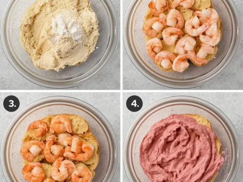 Shrimp crostini with cranberry cream cheese on a serving platter