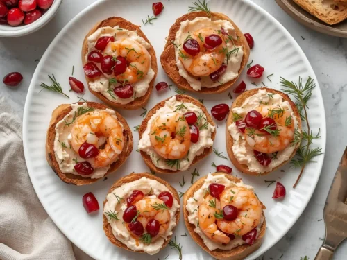 Shrimp crostini with cranberry cream cheese on a serving platter
