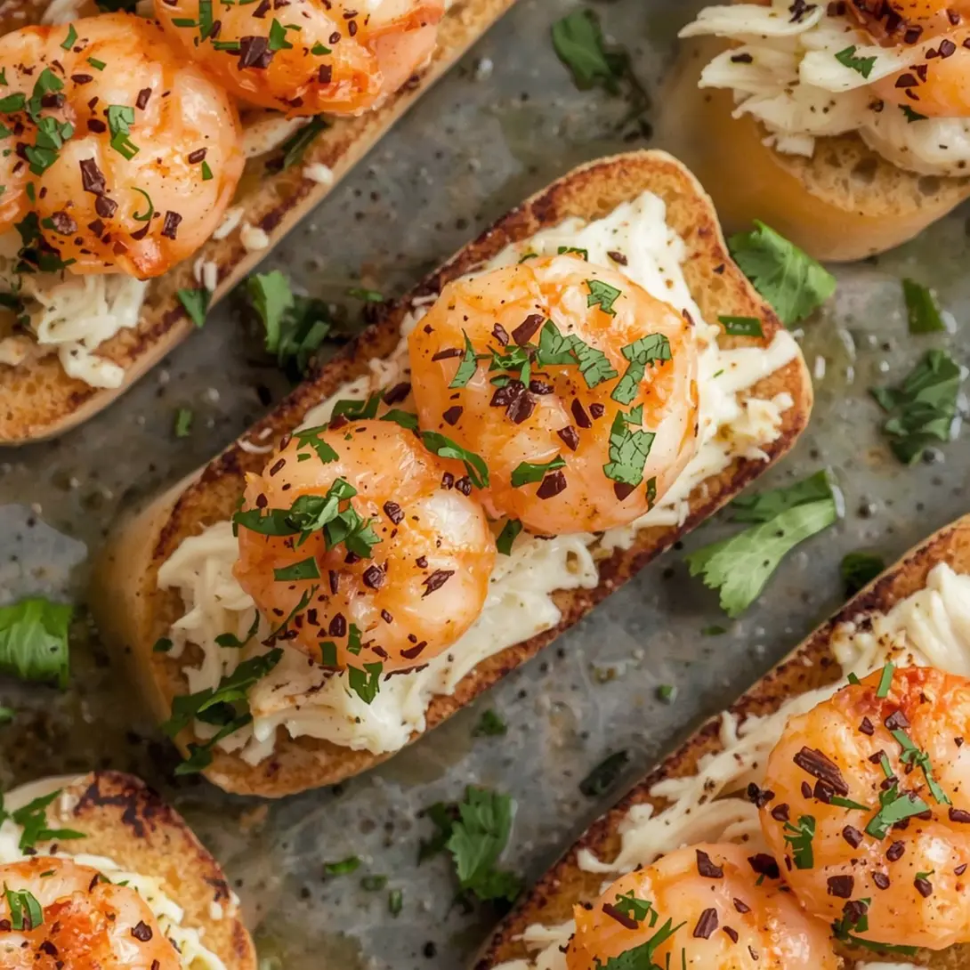 Shrimp crostini with cranberry cream cheese on a serving platter