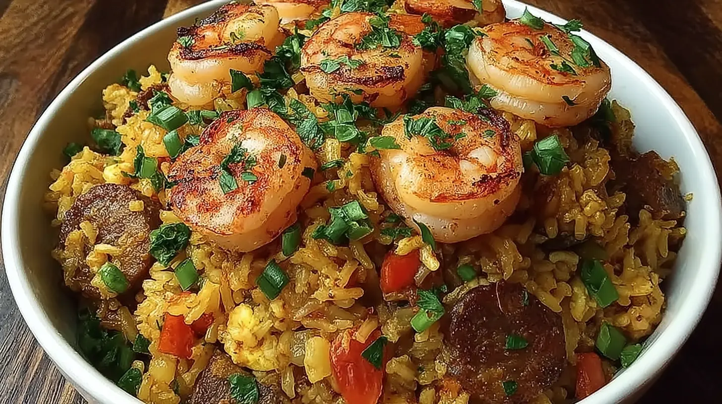 A close-up of a shrimp dirty rice skillet, brimming with colorful vegetables and spices.