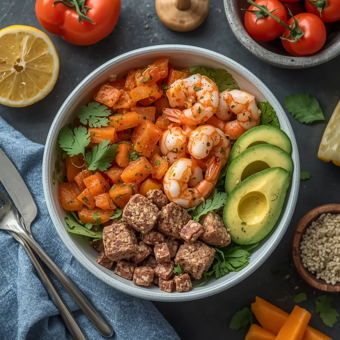 A vibrant Shrimp and Farro Harvest Bowl showcasing fresh ingredients