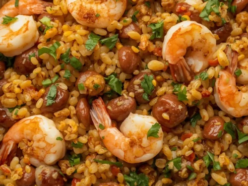 A vibrant Shrimp and Farro Harvest Bowl showcasing fresh ingredients