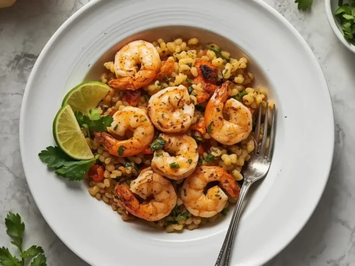 A vibrant Shrimp and Farro Harvest Bowl showcasing fresh ingredients