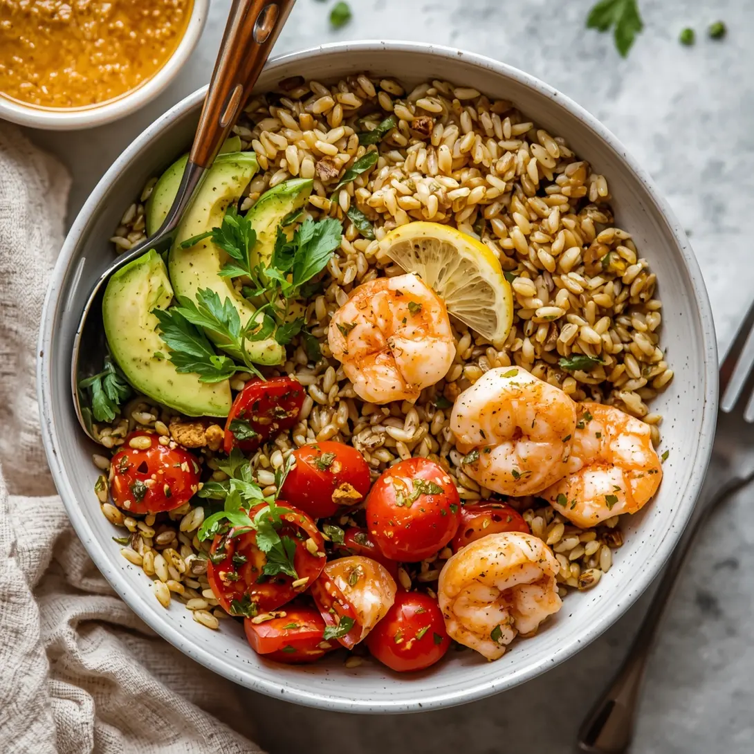 A vibrant Shrimp and Farro Harvest Bowl showcasing fresh ingredients