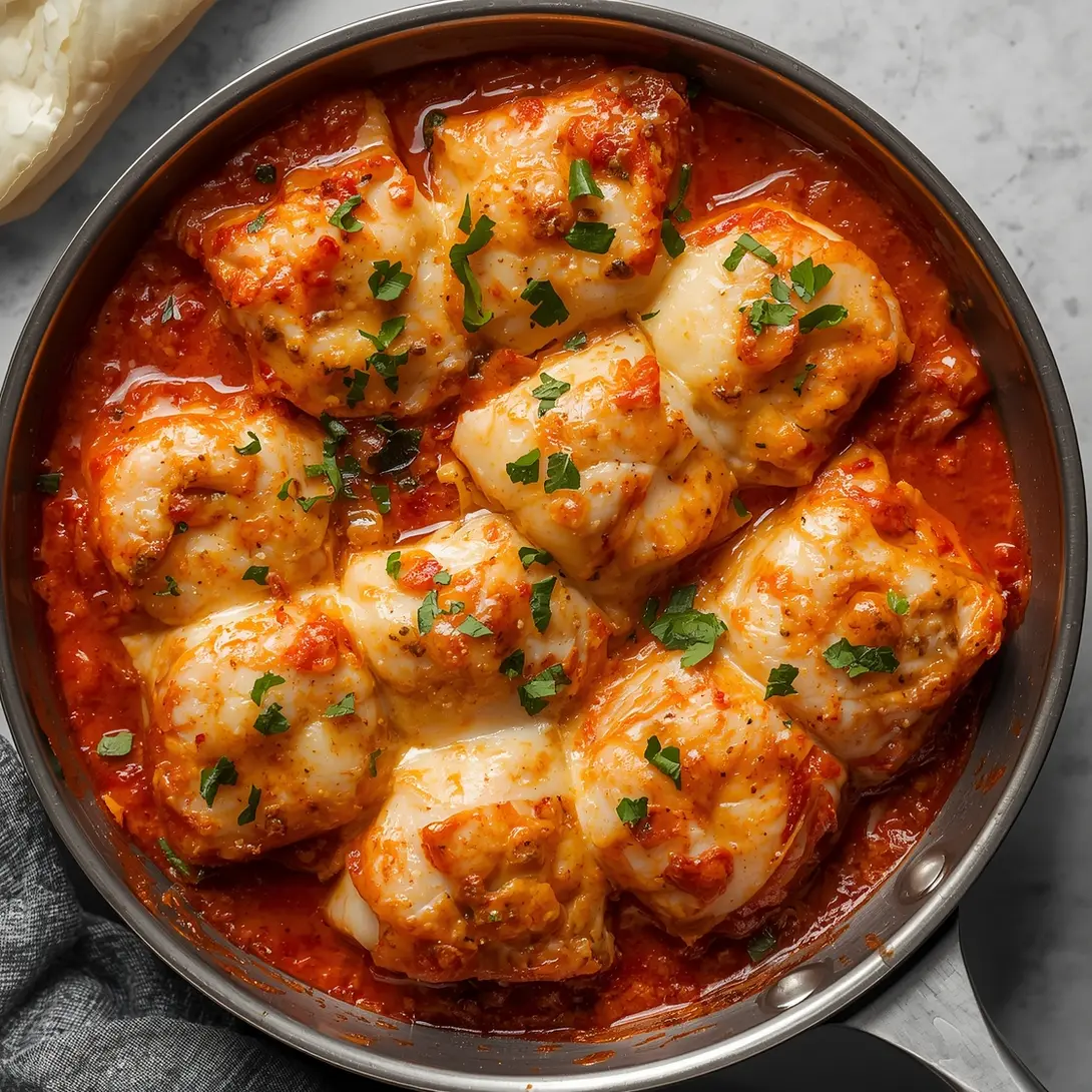 Close-up of golden-baked shrimp lasagna roll-ups in a pan with sauce