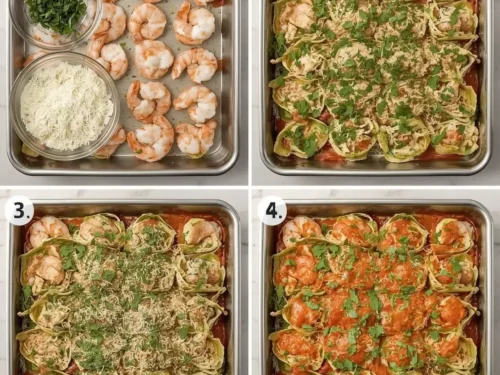 Close-up of golden-baked shrimp lasagna roll-ups in a pan with sauce