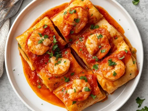 Close-up of golden-baked shrimp lasagna roll-ups in a pan with sauce
