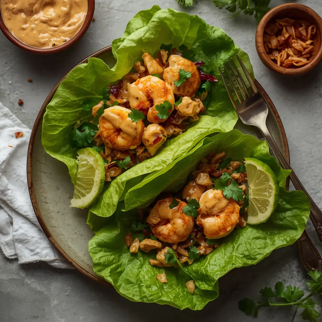 A vibrant plate of shrimp lettuce wraps with creamy peanut sauce.
