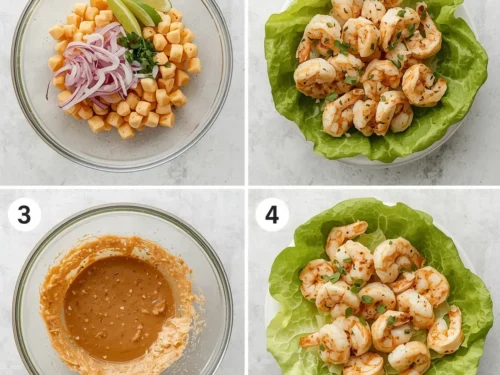 A vibrant plate of shrimp lettuce wraps with creamy peanut sauce.