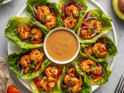 A vibrant plate of shrimp lettuce wraps with creamy peanut sauce.