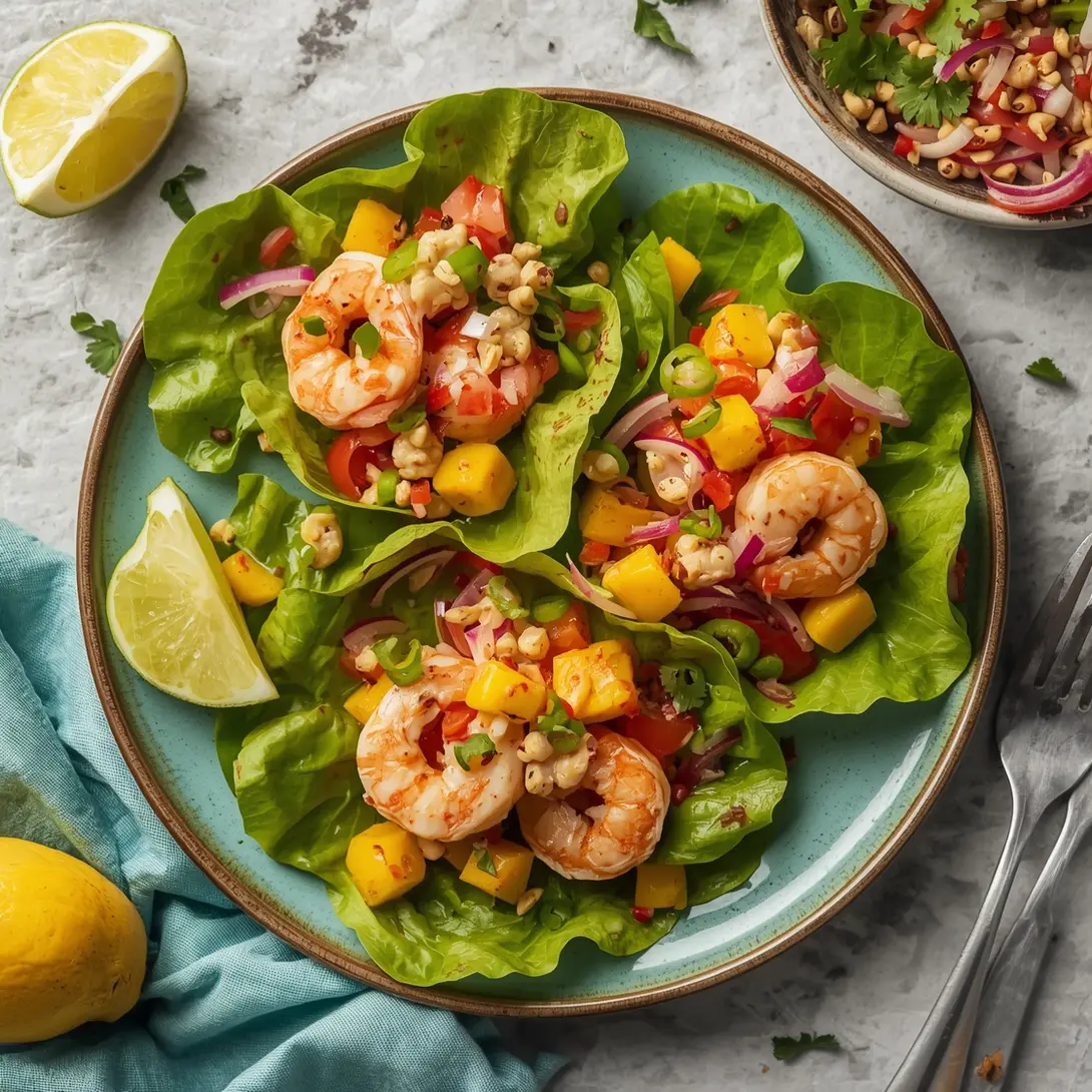 A vibrant plate of shrimp and mango lettuce cups, bursting with fresh ingredients.