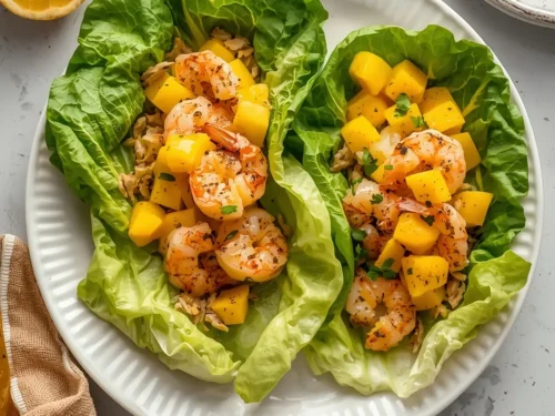 A vibrant plate of shrimp and mango lettuce cups, bursting with fresh ingredients.