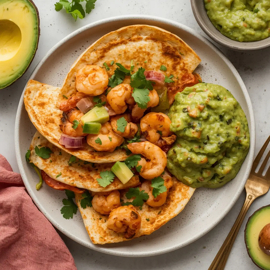 A serving of shrimp quesadillas with a side of fresh avocado salsa.