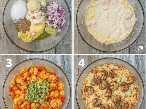 A serving of shrimp quesadillas with a side of fresh avocado salsa.