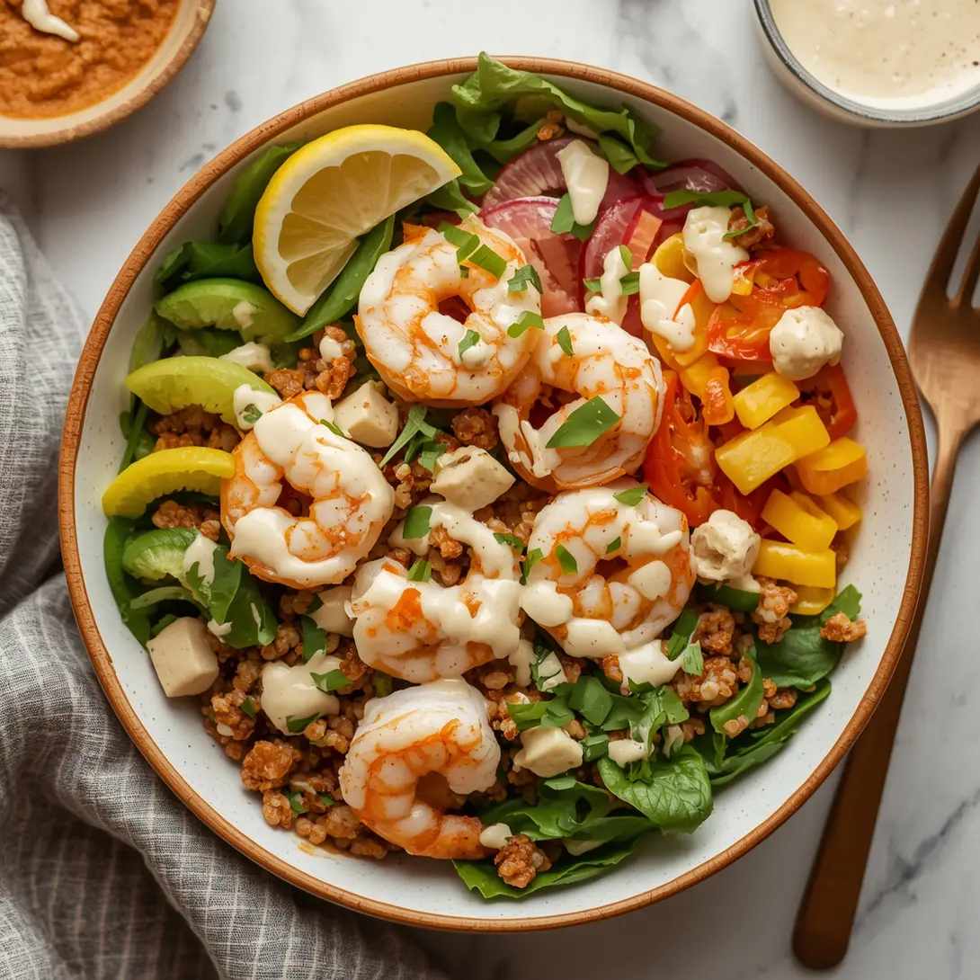 A vibrant shrimp quinoa bowl topped with creamy lemon tahini dressing