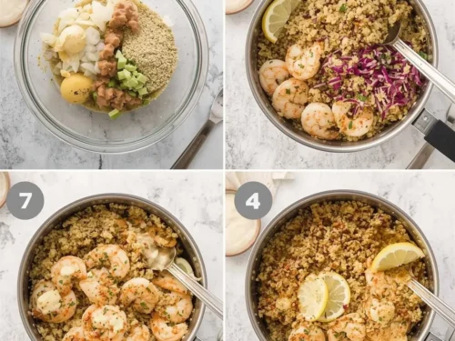 A vibrant shrimp quinoa bowl topped with creamy lemon tahini dressing